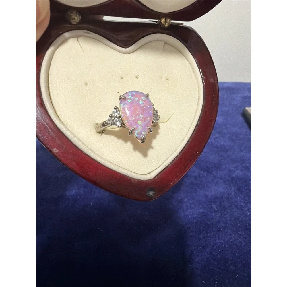 Bomb Party Ring (Size 8) Lab Created White Pink Opal Rhodium Plating